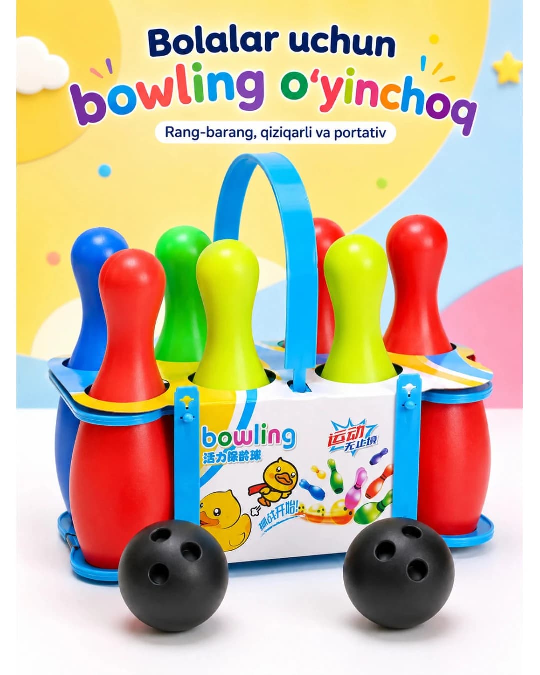 Rang-barang keglilar va to‘plardan iborat bolalar boulingi