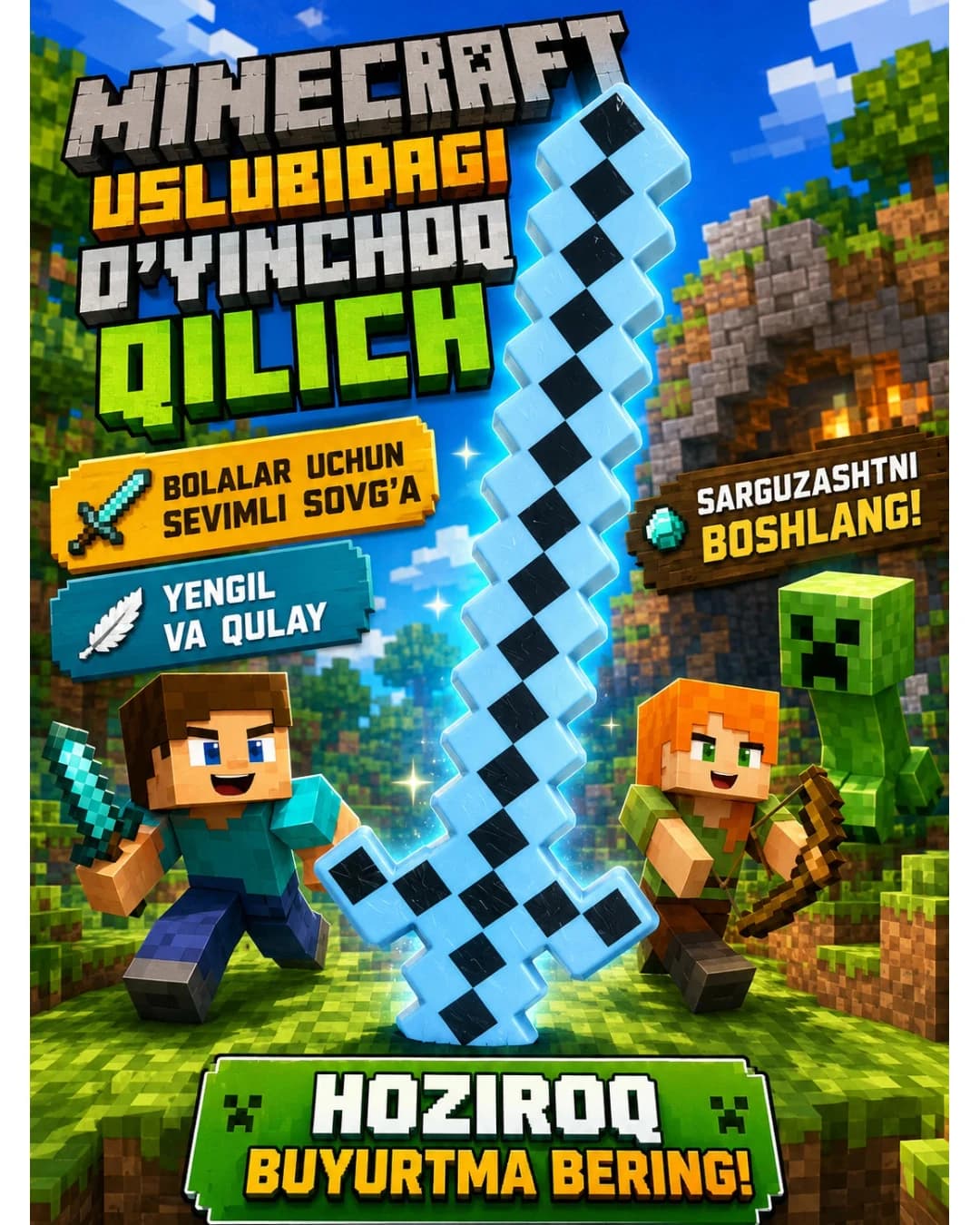 Piksel uslubidagi ko‘k o‘yinchoq qilich